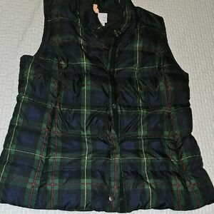 J. Jill Navy Green Plaid Pattern Quilted Puffy Vest Medium Outerwear Layer Women